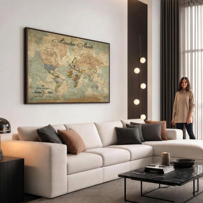 Custom Beige World Travel Map Wall Art with Pins, Bucket List Map, Dining Room and Study Decor