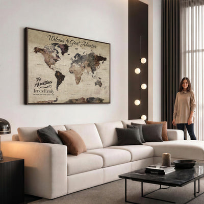 Custom Beige Modern Push Pin World Map Wall Art, Honeymoon and Anniversary Gift, Dining Room and Study Decor