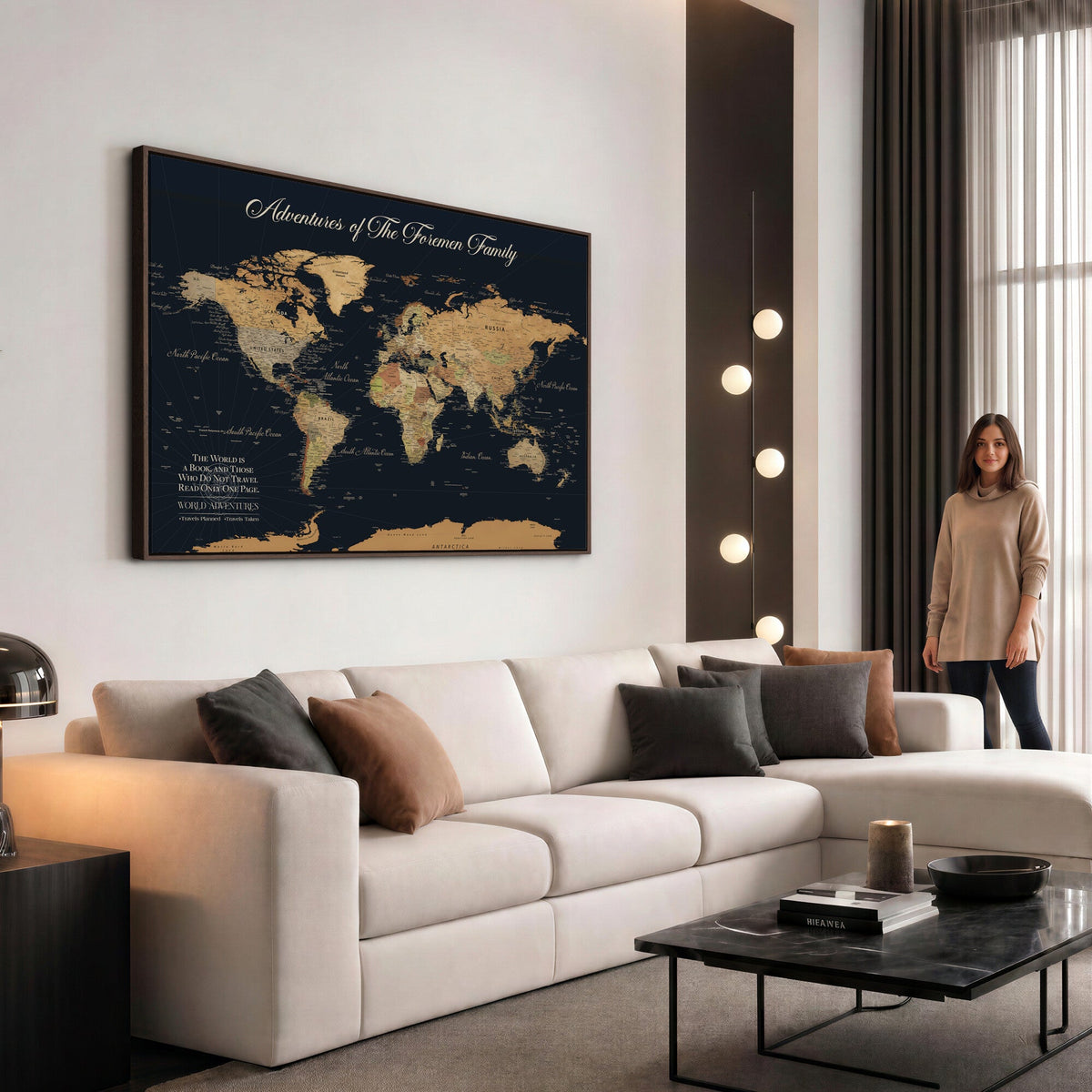 Personalized White Minimalist World Travel Map Wall Art with Pins, Places Visited Tracker, Entryway and Hallway Decor
