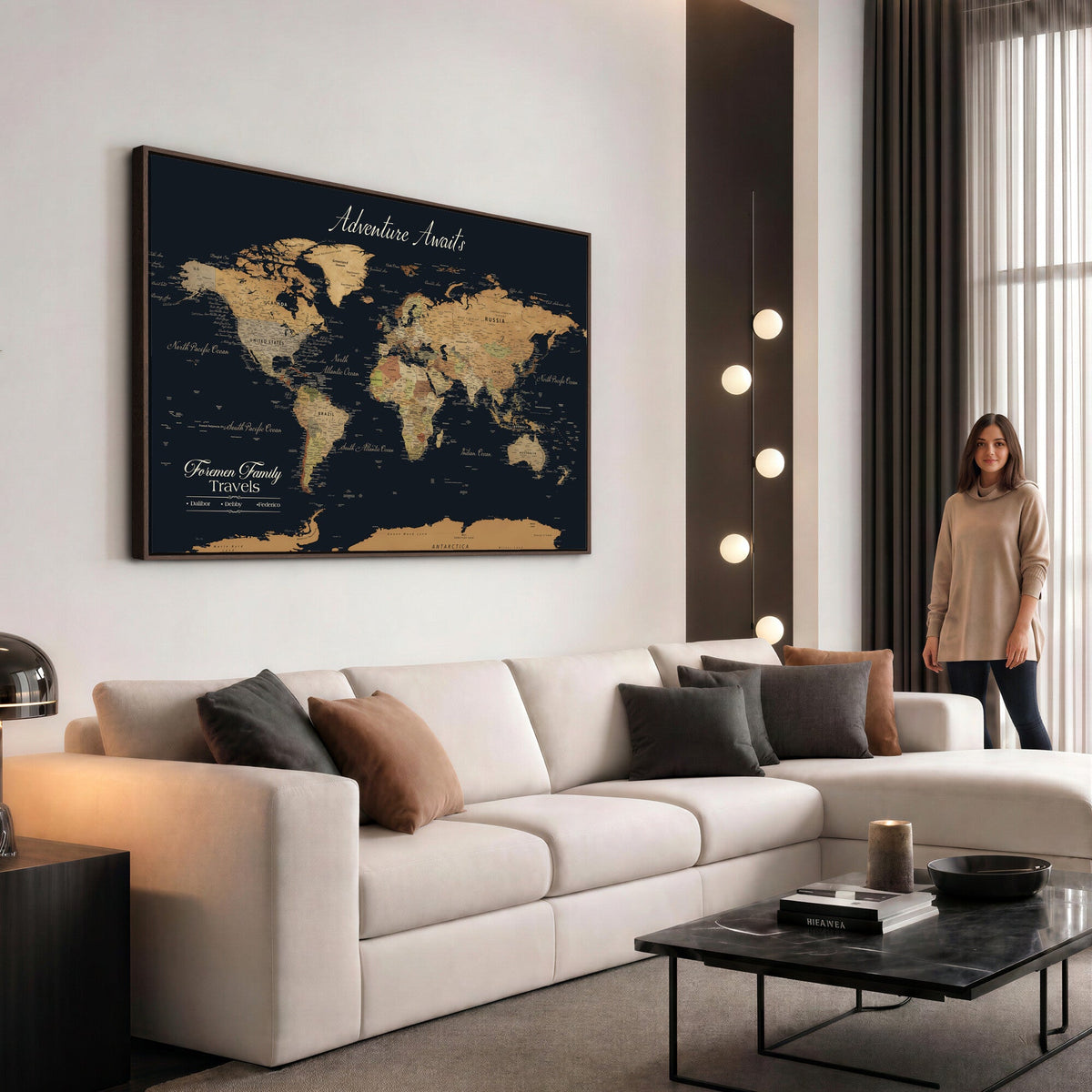 Personalized Framed Beige Geometric Family Push Pin World Map Canvas Print, Next Trip Planner Map, Family Room and Entryway Decor