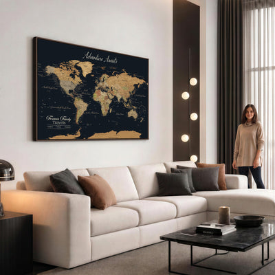 Personalized Framed Beige Geometric Family Push Pin World Map Canvas Print, Next Trip Planner Map, Family Room and Entryway Decor