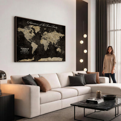 Personalized Framed Black Modern World Map Canvas with Push Pins, Next Trip Planner Map, Dining Room and Home Office Decor