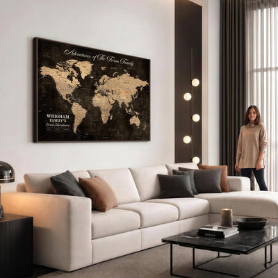 Personalized Framed Beige Geometric Push Pin Travel Map Canvas Print, Honeymoon and Anniversary Gift, Dining Room and Hallway Decor