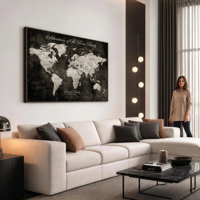 Personalized Framed Beige Push Pin World Map Canvas Print, Couples Countries Visited Map, Dining Room and Study Decor
