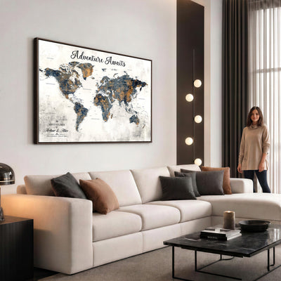Custom Framed Beige Geometric World Travel Map Wall Art with Pins, Places Visited Tracker, Family Room and Home Office Decor
