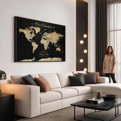 Personalized Framed Beige Push Pin World Map Canvas Print, Family Travel Tracker, Bedroom and Home Office Decor