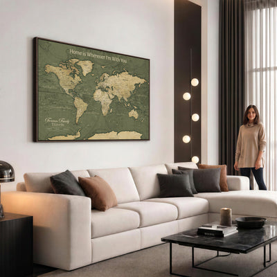 31715895-MGV-CV-36X24 - Custom Push Pin World Map Wall Art Canvas Print | Personalized Travel Tracker with Pins Framed Large for Home and Office Decor