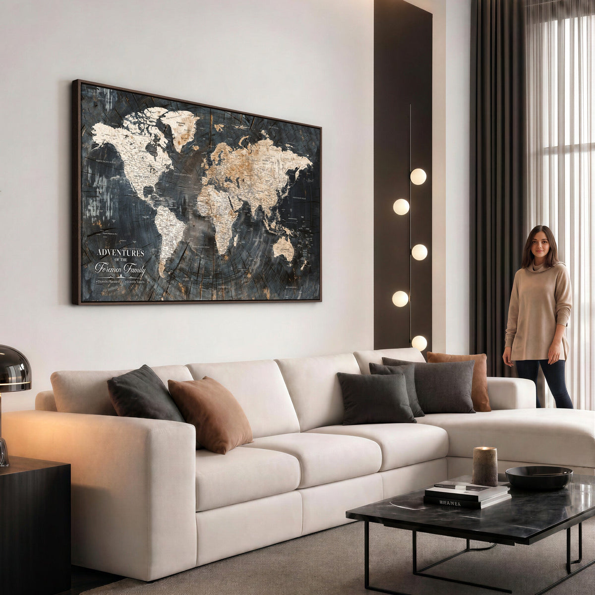 Personalized Framed Beige Push Pin World Map Canvas Print, Bucket List Map, Living Room and Hallway Decor