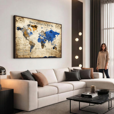 Personalized Framed Beige World Map Canvas with Push Pins, Honeymoon and Anniversary Gift, Living Room and Home Office Decor