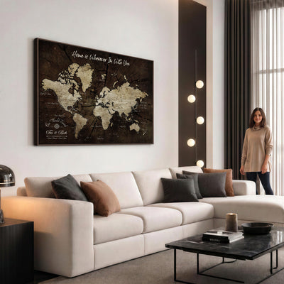 Personalized Watercolor Push Pin World Map Canvas Wall Art, Custom Framed Travel Map - NEWMAP-094