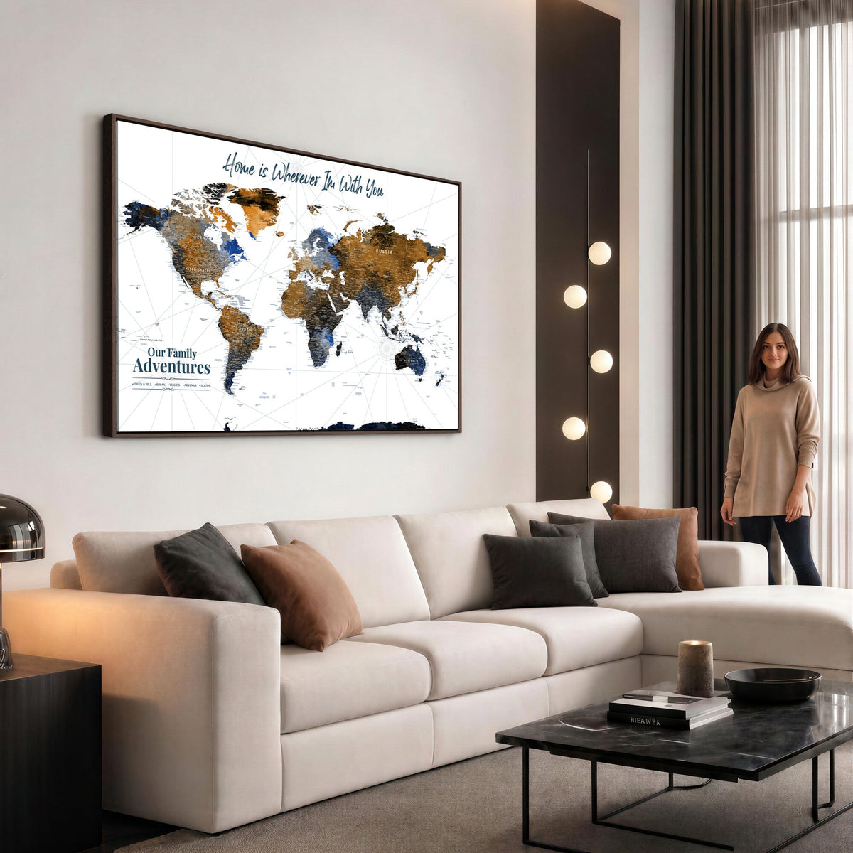 Personalized Framed Beige Modern Push Pin World Map Wall Art, Next Trip Planner Map, Family Room and Home Office Decor