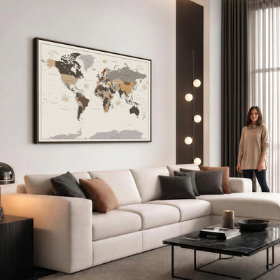 58777746-MGV-CV-36X24 - Custom Beige Modern Push Pin World Map Canvas Print, Places Visited Tracker, Bedroom and Study Decor
