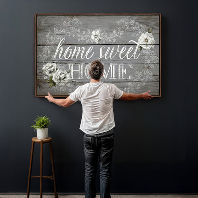 Home Sweet Home Sign Wall Art Canvas Print, Floral Farmhouse Decor