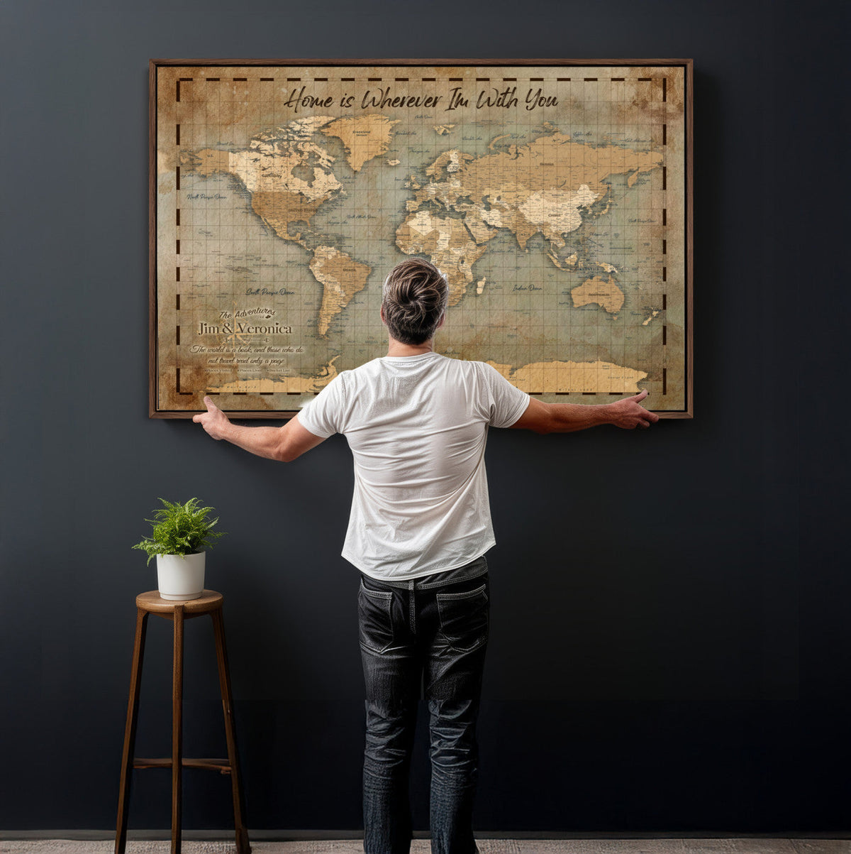 97123877-MGV-CV-36X24 - Vintage Custom Push Pin World Map Print | Vintage Travel Map Canvas, Personalized Names Anniversary Gift, Places Visited Pin Board