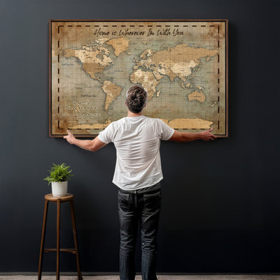 97123877-MGV-CV-36X24 - Vintage Custom Push Pin World Map Print | Vintage Travel Map Canvas, Personalized Names Anniversary Gift, Places Visited Pin Board