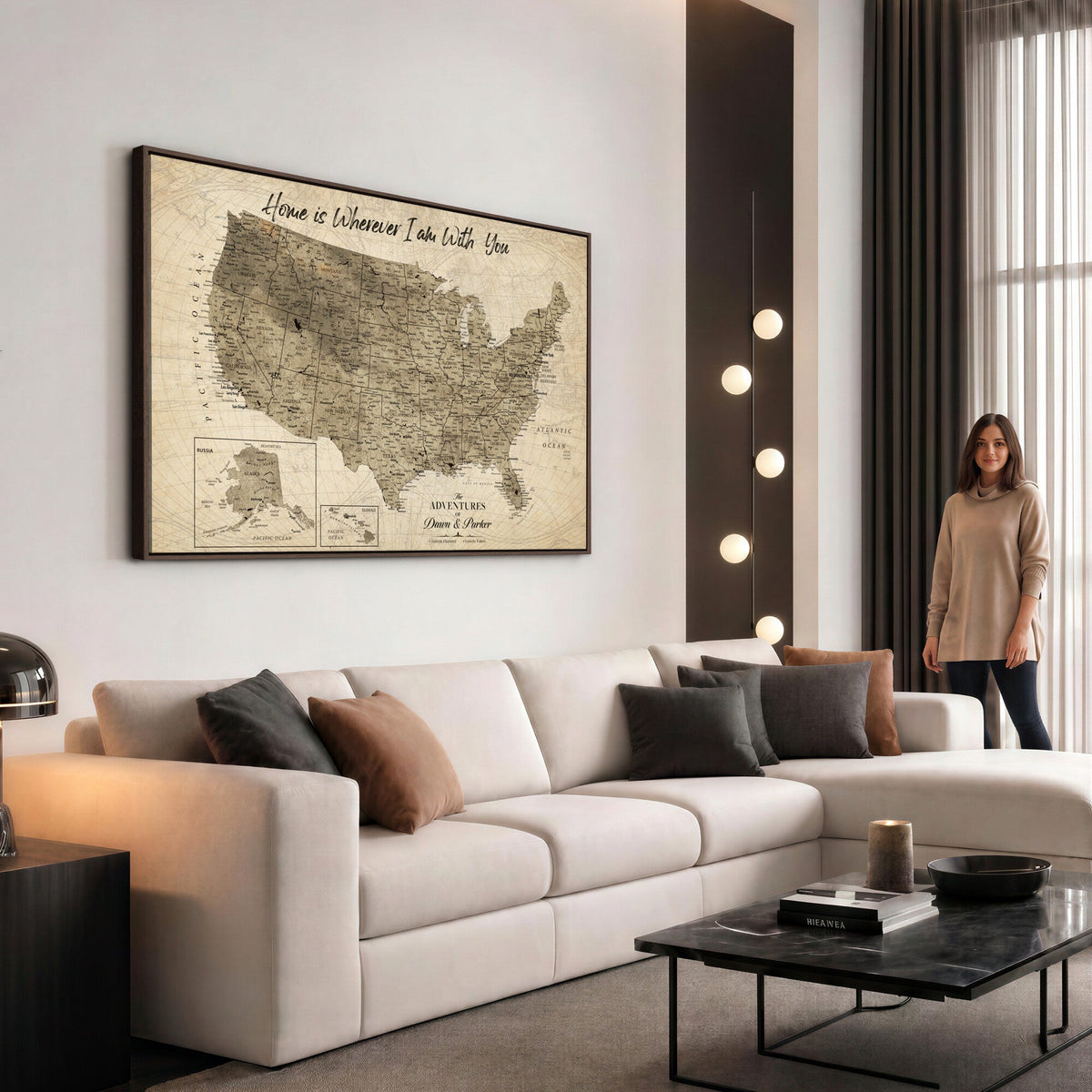 25440520-MGV-CV-36X24 - Detailed Personalized Push Pin United States Map Wall Art, States Visited Map, Office and Hallway Decor