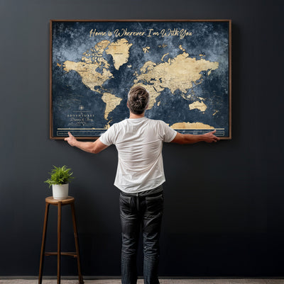 400867BL-MGV-CV-36X24 - Framed Blue Custom Push Pin World Map Canvas Print | Personalized Travel Map Wall Art
