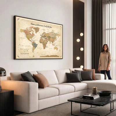 40086165SP-MGV-CV-36X24 - Custom Push Pin Travel Map Canvas Print, Cream Personalized Travel Tracker Map, Anniversary Gift, Vintage World Map Wall Art