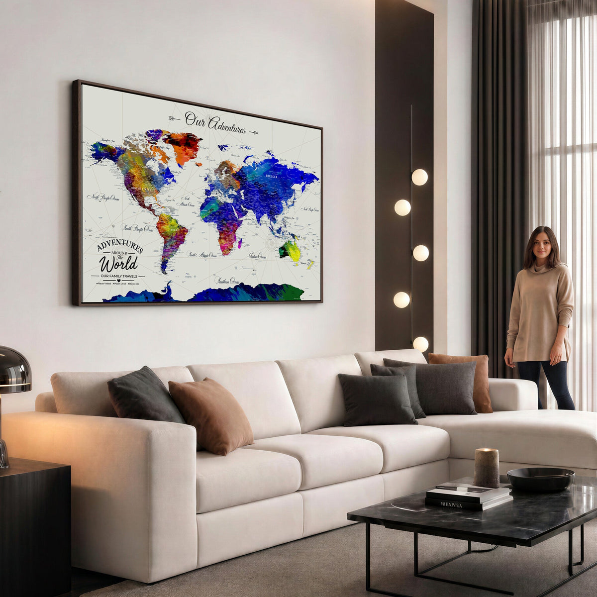 88162438-MGV-CV-36X24 - Our Family Adventures Push Pin World Map Wall Art Canvas Print | Family Travel Tracker Map with Pins