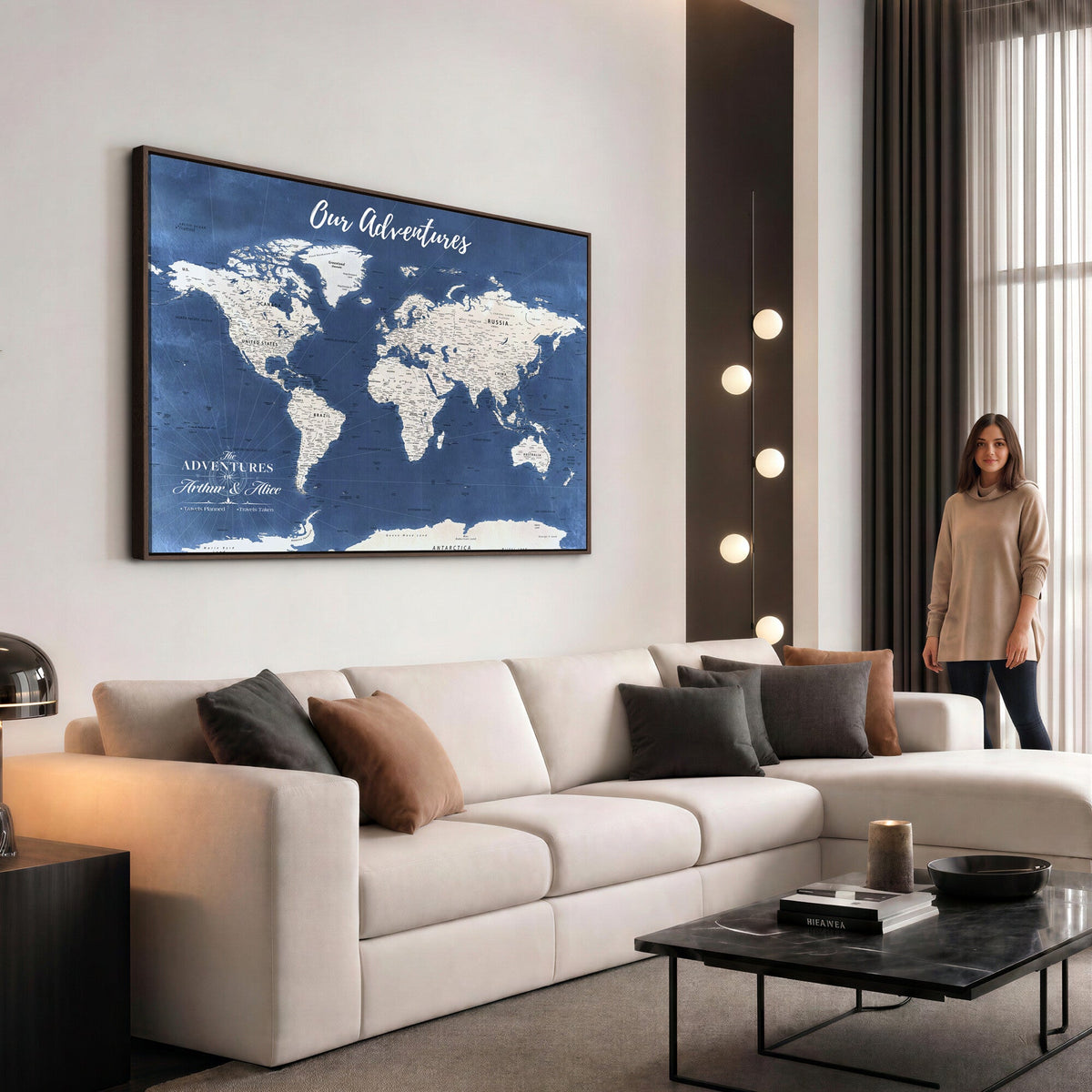 75405527-MGV-CV-36X24 - Extra Large Framed Personalize Push Pin World Map Wall Art Canvas Print for Travel Tracking - NEWMAP-113A