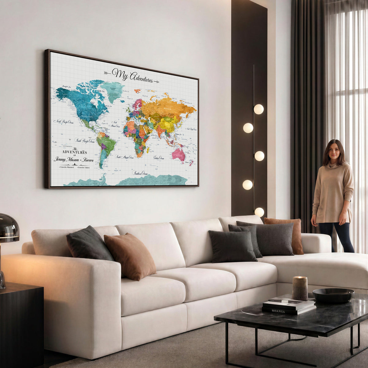 66743043-MGV-CV-36X24 - Extra Large Framed Personalize Push Pin World Map Wall Art Canvas Print for Travel Tracking - NEWMAP-131