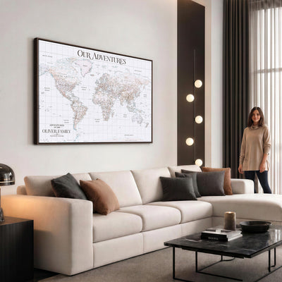 18074626D3DD-MGV-CV-36X24 - Extra Large Framed Personalized Push Pin World Map Wall Art Canvas Print for Travel Tracking