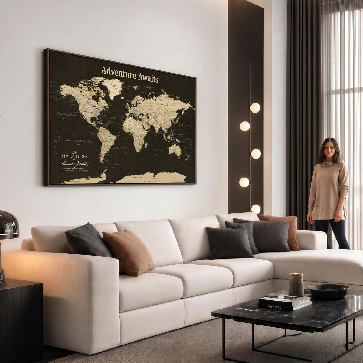 Custom Beige Modern World Travel Map Wall Art with Pins, Family Travel Tracker, Dining Room and Entryway Decor