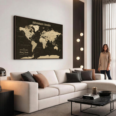 Custom Beige Modern World Travel Map Wall Art with Pins, Family Travel Tracker, Dining Room and Entryway Decor