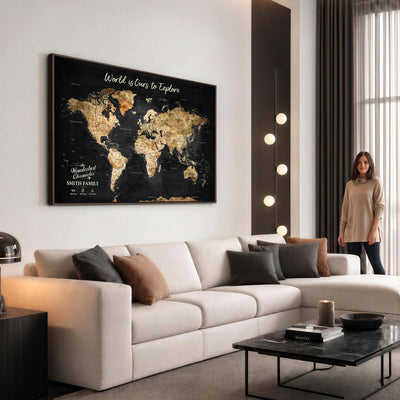 Personalized Beige Push Pin Travel Map Canvas Print, Family Travel Tracker, Bedroom and Entryway Decor