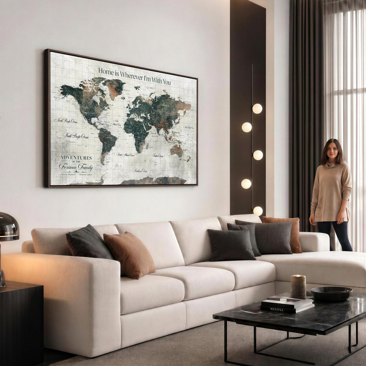 Personalized Framed Beige Push Pin Travel Map Canvas Print, Family Travel Tracker, Home Office and Hallway Decor