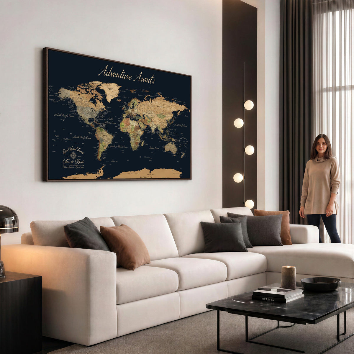 Custom Beige Push Pin World Map Wall Art, Family Travel Tracker, Home Office and Study Decor