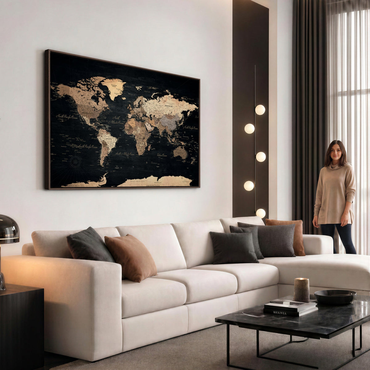 55335455D-MGV-CV-36X24 - Custom Push Pin World Map Wall Art Canvas Print – Personalized Travel Tracker with Pins Framed Large for Home and Office Decor