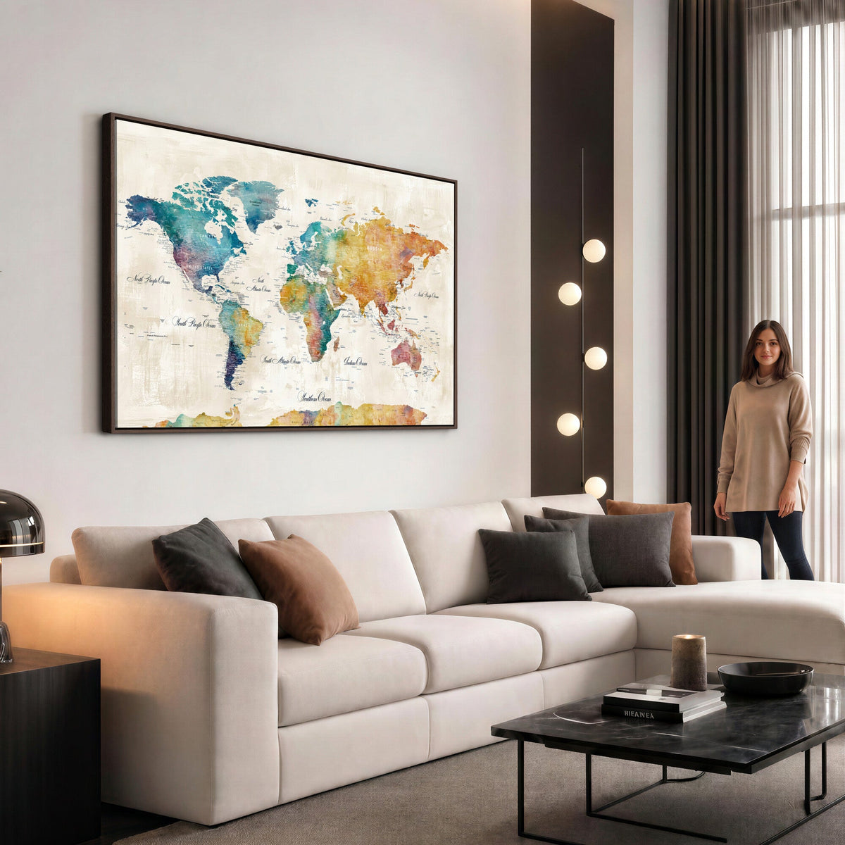 53654999D-MGV-CV-36X24 - Custom Push Pin World Map Wall Art Canvas Print – Personalized Travel Tracker with Pins Framed Large for Home and Office Decor