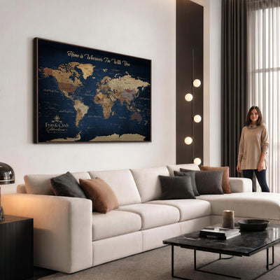 57774467D-MGV-CV-36X24 - Custom Push Pin World Map Wall Art Canvas Print – Personalized Travel Tracker with Pins Framed Large for Home and Office Decor