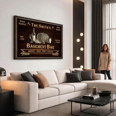 Custom Basement Bar Sign Canvas, Personalized Family Home Bar Wall Art