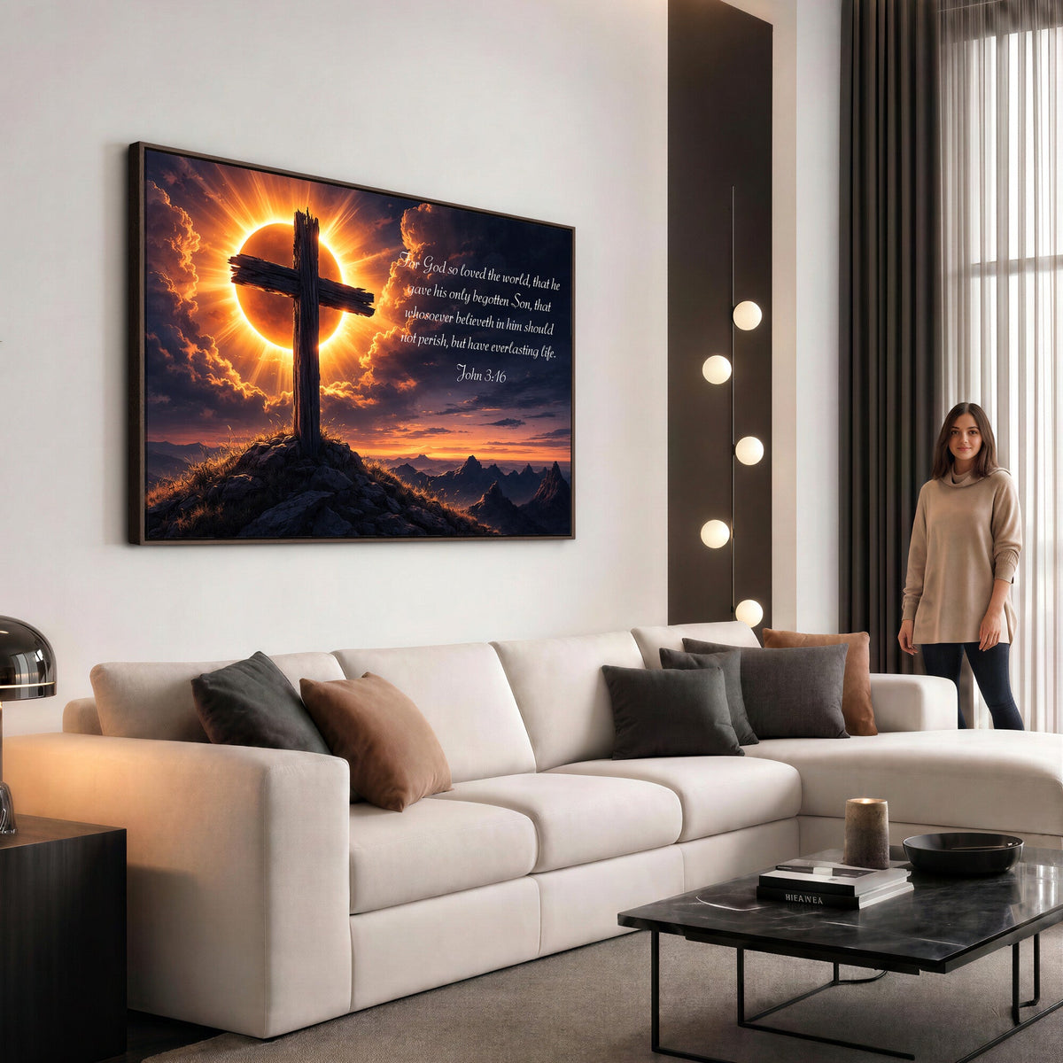 PatioSign02JSS-MGV-CV-36X24 - Custom Bible Verse Cross Canvas, Personalized Christian Wall Art