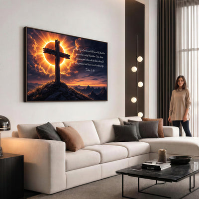 PatioSign02JSS-MGV-CV-36X24 - Custom Bible Verse Cross Canvas, Personalized Christian Wall Art