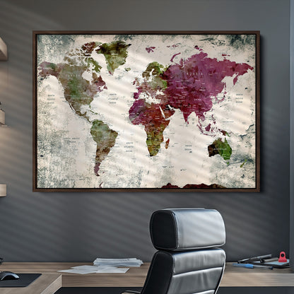 Push Pin World Map Canvas Print – Framed Wall Art for Couples to Track Their Travels – Anniversary Gift or Home Adventure Decor