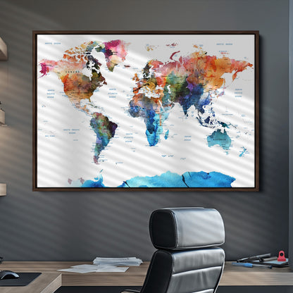 Push Pin World Map Canvas Print – Framed Wall Art for Couples to Track Their Travels – Anniversary Gift or Home Adventure Decor