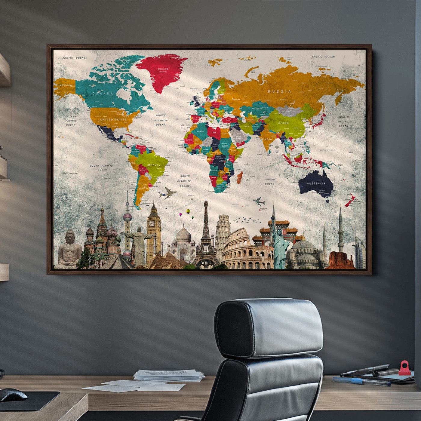 Push Pin World Map Canvas Print – Framed Wall Art for Couples to Track Their Travels – Anniversary Gift or Home Adventure Decor
