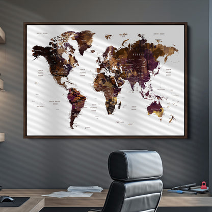 Push Pin World Map Canvas Print – Framed Wall Art for Couples to Track Their Travels – Anniversary Gift or Home Adventure Decor