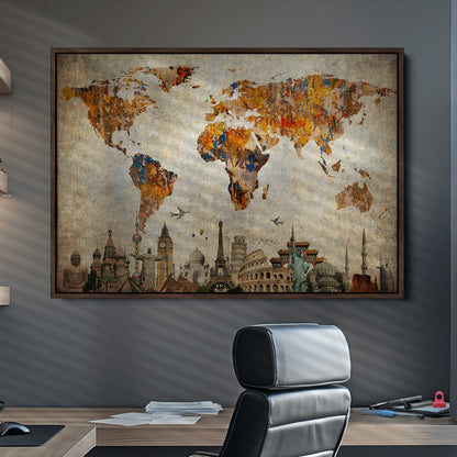 Push Pin World Map Canvas Print – Framed Wall Art for Couples to Track Their Travels – Anniversary Gift or Home Adventure Decor