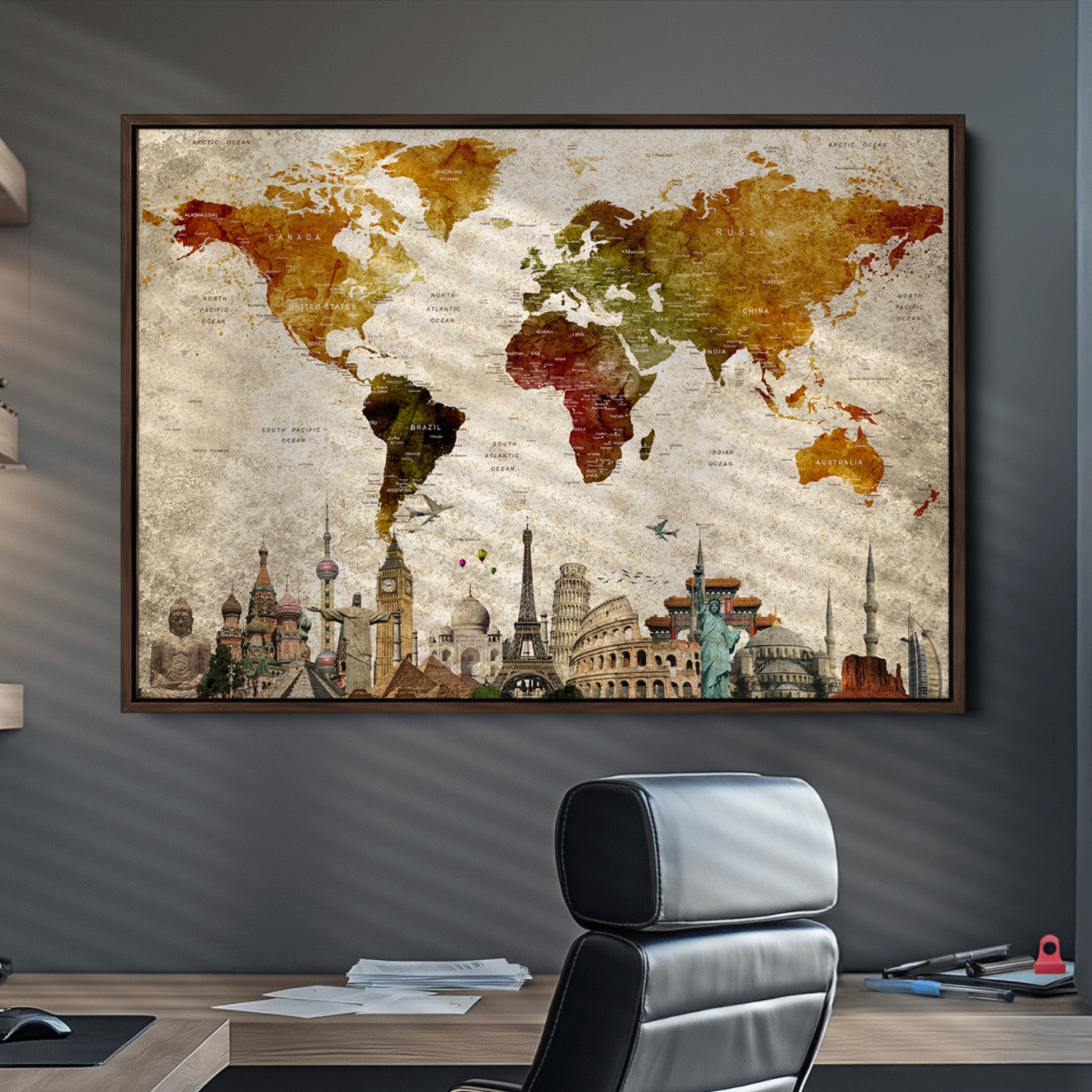 Push Pin World Map Canvas Print – Framed Wall Art for Couples to Track Their Travels – Anniversary Gift or Home Adventure Decor