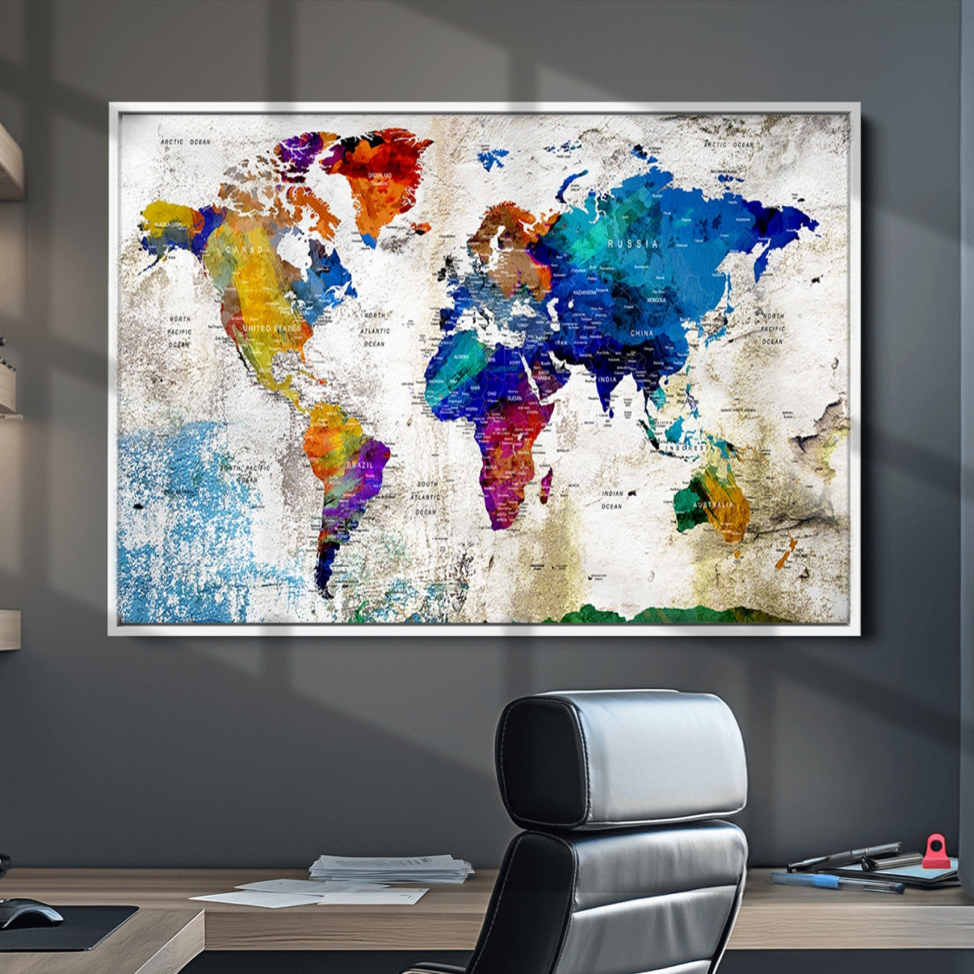 Push Pin World Map Canvas Print – Framed Wall Art for Couples to Track Their Travels – Anniversary Gift or Home Adventure Decor