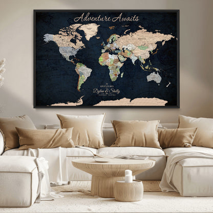43186793-MGV-CV-30X20-Personalized World Map Print, Customizable Push Pin Framed World Map Print on Canvas - Custom Quote on Map Print