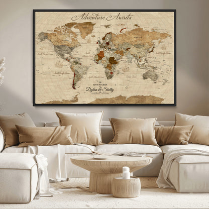 29054239-MGV-CV-36X24-Personalized World Map Print - Customizable Push Pin Framed World Map Print on Canvas - Custom Quote on Map Print