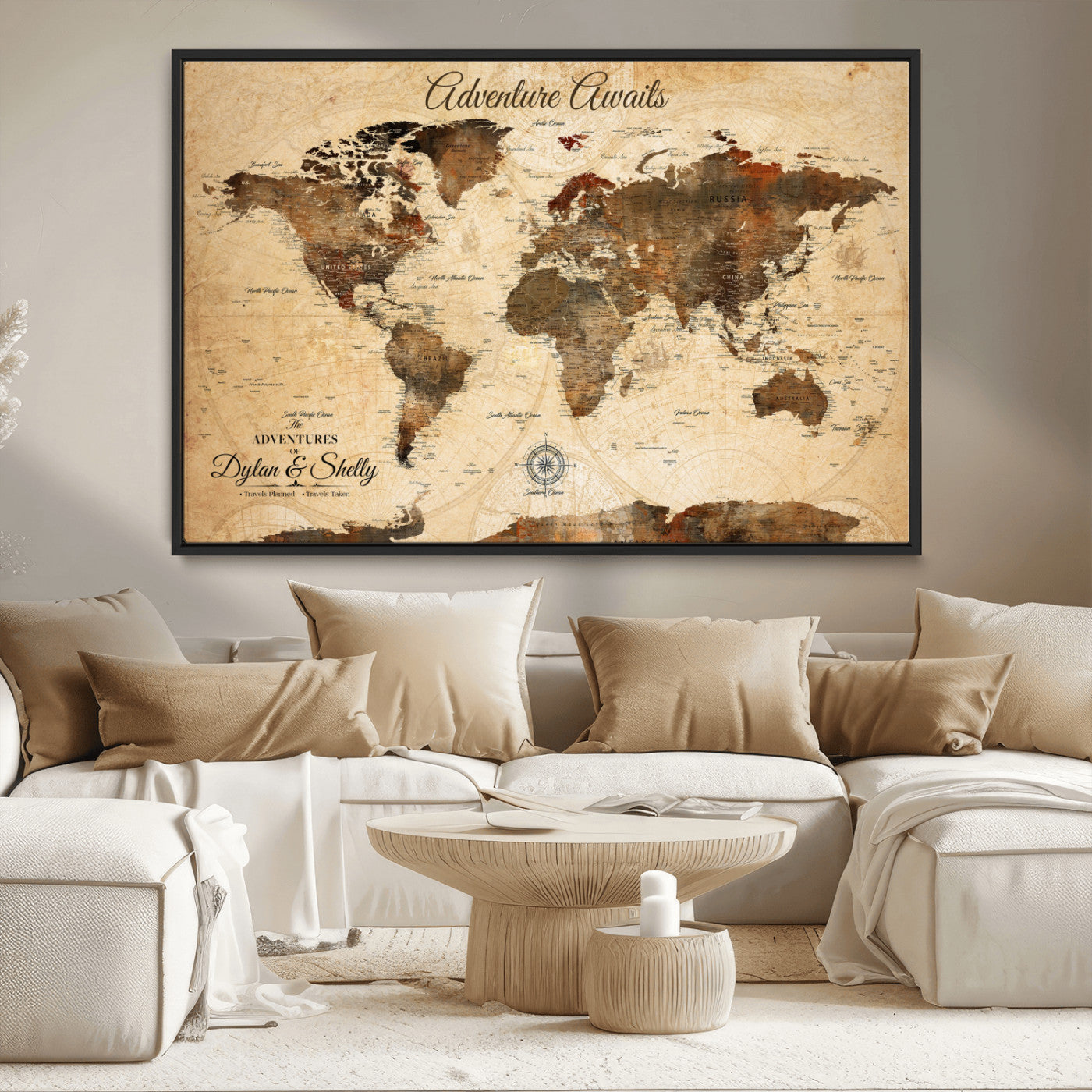 66357947-MGV-CV-36X24-Personalized World Map Print, Customizable Push Pin Framed World Map Print on Canvas - Custom Quote on Map Print
