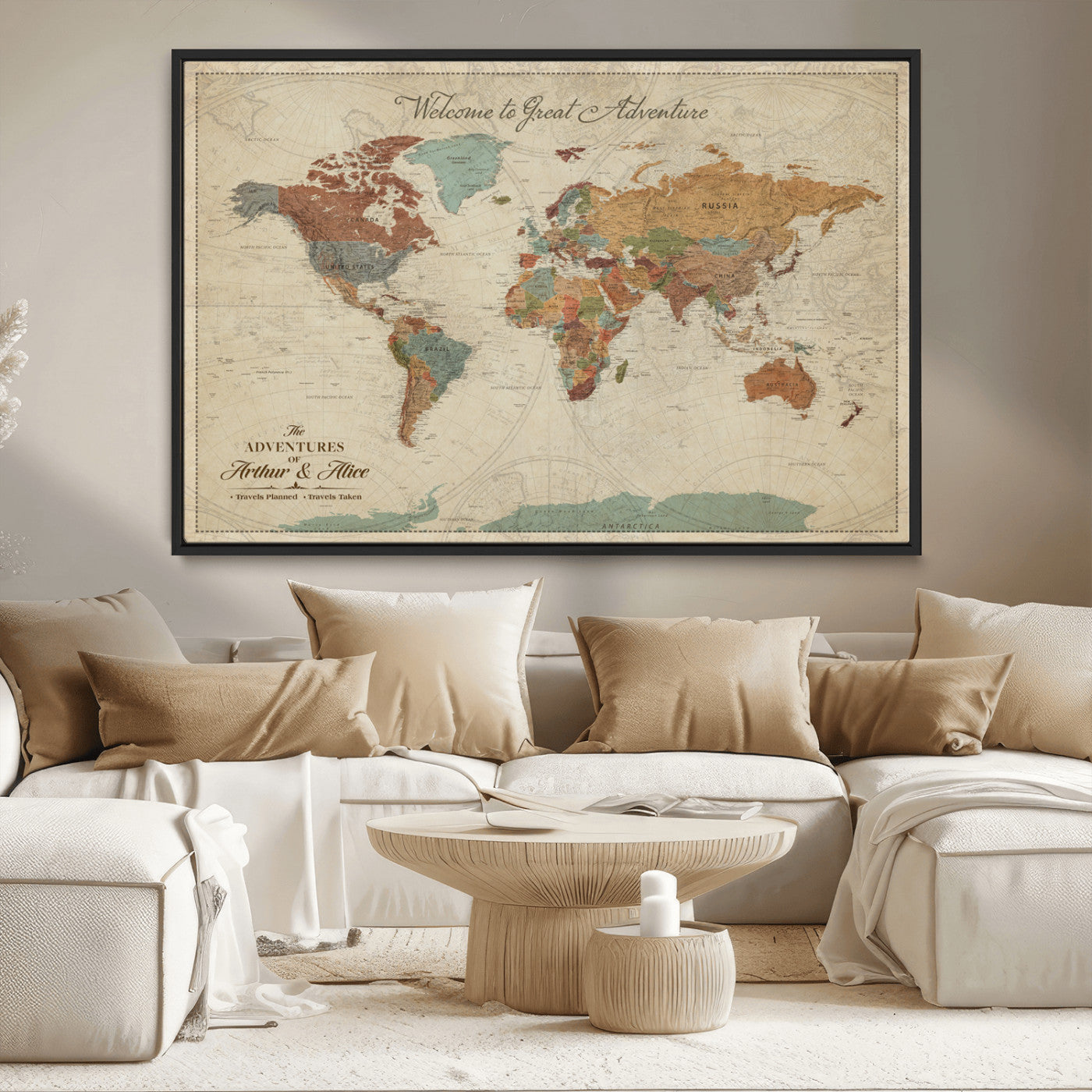 54152425-MGV-CV-36X24-Custom Push Pin World Map Wall Canvas Print – Personalized Travel Tracker with Pins – Framed Custom Map Quotie Canvas for Home Office Decor