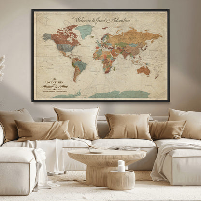 54152425-MGV-CV-36X24-Custom Push Pin World Map Wall Canvas Print – Personalized Travel Tracker with Pins – Framed Custom Map Quotie Canvas for Home Office Decor