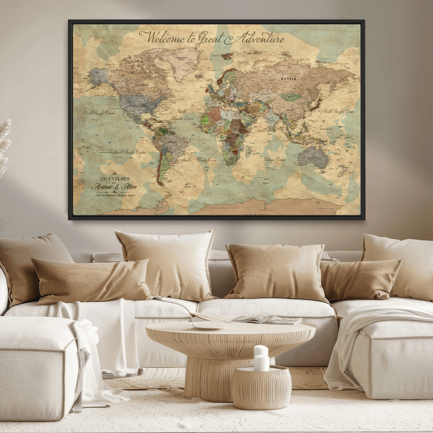 17693651-MGV-CV-36X24-Custom Push Pin World Map Wall Canvas Print – Personalized Travel Tracker with Pins – Framed Custom Quotie Canvas for Home Office Decor Art Print